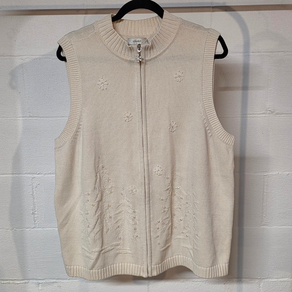 CJ Banks Ivory Knit Zip Vest Winter Tree Snowflake Sequin Hand Embroider Plus 1X